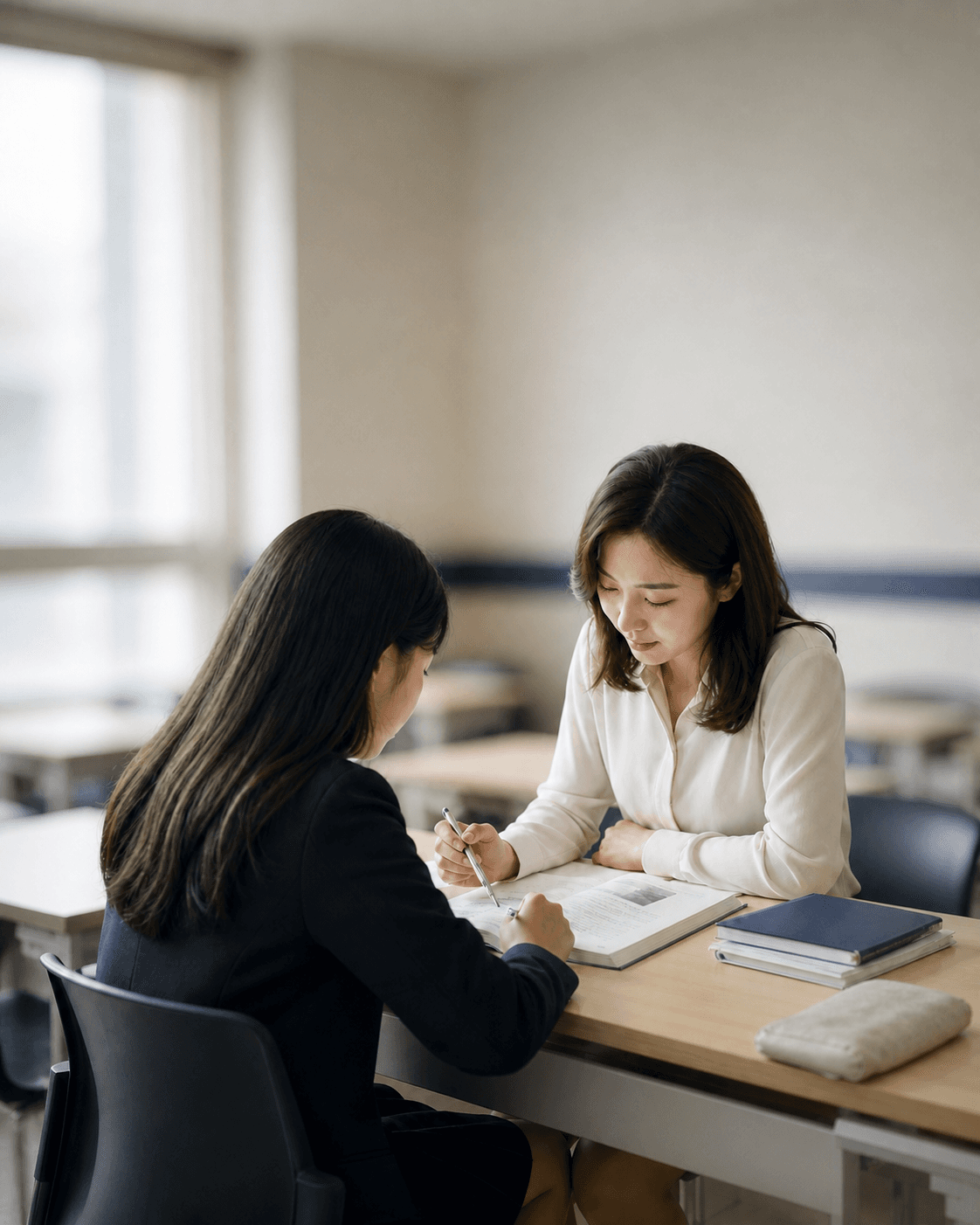 교실에서 학생 한 명을 세심하게 지도하는 목동유쌤영어 선생님